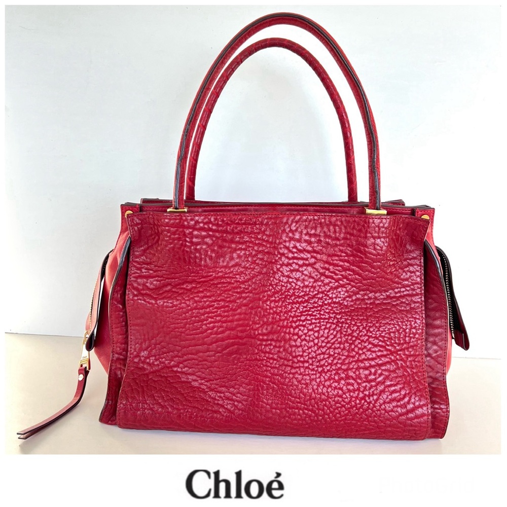 CHLOE Dree Red Structured Pebbled Leather Gold Hardware Shoulder Tote Satchel